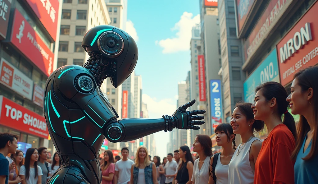 **Mood/Theme:** Highlight the excitement and amazement in the city as Raman's new robotic machine creates a buzz. The robot’s remarkable ability to understand and fulfill human desires adds a sense of wonder and innovation, showcasing its revolutionary impact on daily life and sparking curiosity and admiration among the city's residents.