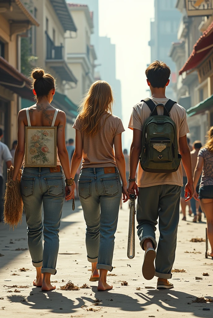 3 artists of different artists walking in one direction, carrying their artworks in their arms and dropping pieces of scrap metal
a person behind picking up the scrap metal that the artists dropped with their own sculpture made of pieces of scrap metal next to them