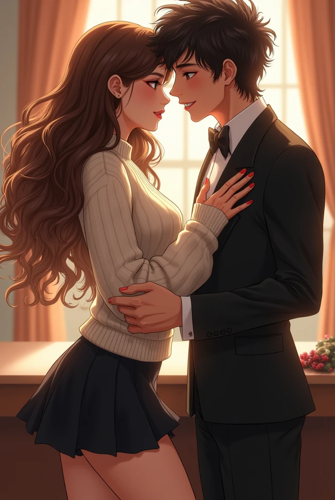 Image of a girl with brown hair wearing eye-catching but casual clothes with a white or cream wool sweater and a short black something that starts with a skirt.
Now that girl just like this, That she is flirting with a 19-year-old curly-haired guy, half-dark. Let the two of them see each other face to face., the girl flirting with him wanting him to touch her
From the image you sent, have the boy's hand be more, but lower on the girl's thigh
That the boy is dressed as a butler and that his hand is lower on the girl