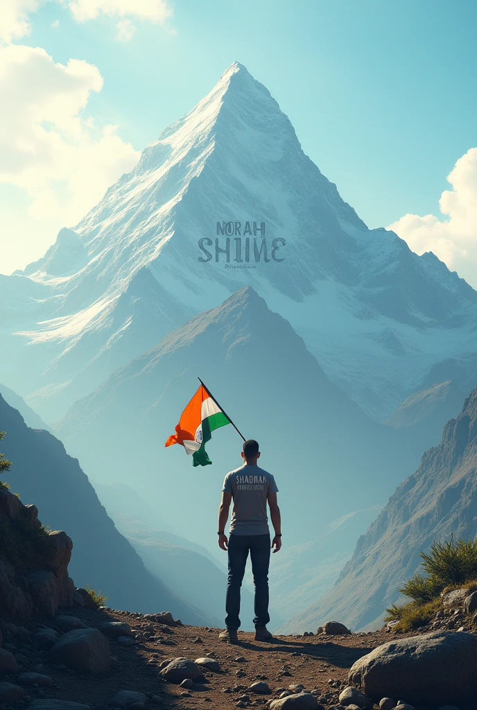 "Create a 3D illusion of a majestic mountain with the words 'NORAH SHINE' engraved in large, bold letters on the mountain's top. At the forefront of the image, a 30-year-old man stands proudly, holding the Indian national flag high. He is facing the mountain, and on the back of his t-shirt, the name 'SHADMAN' is clearly visible. The scene is set on 15th August, with 'Happy Independence Day' subtly incorporated into the background, blending with the natural elements to enhance the celebratory atmosphere."