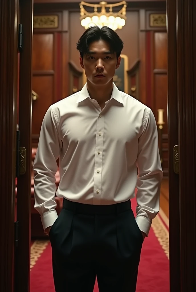 Kim Taehyung, the Leader Jeon's alpha, in a white shirt, opening the door of a royal office