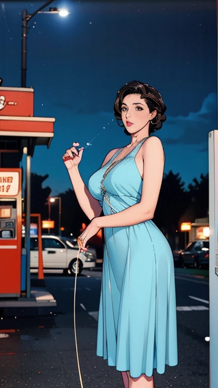 1,short hair,Photorealism,detailed,masterpiece,mature,((full)), (Broad shoulders), ((Huge)),Beautiful young woman in vintage 1950s style、Standing confidently in front of a classic blue car at a retro gas station。. She has a fit body, A blue gingham dress that accentuates her figure, Red lipstick and elegant, Curled brown hair. The gas station has a nostalgic atmosphere., Red and white accents and classic gas pump. The night sky above is clear, Add a calming atmosphere to the scene. The overall atmosphere is nostalgic and glamorous., Captures the essence of mid-20th century America.
information