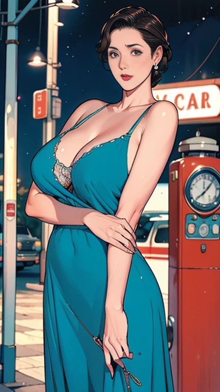 1,short hair,Photorealism,detailed,masterpiece,mature,((full)), (Broad shoulders), ((Huge)),Beautiful young woman in vintage 1950s style、Standing confidently in front of a classic blue car at a retro gas station。. She has a fit body, A blue gingham dress that accentuates her figure, Red lipstick and elegant, Curled brown hair. The gas station has a nostalgic atmosphere., Red and white accents and classic gas pump. The night sky above is clear, Add a calming atmosphere to the scene. The overall atmosphere is nostalgic and glamorous., Captures the essence of mid-20th century America.
information