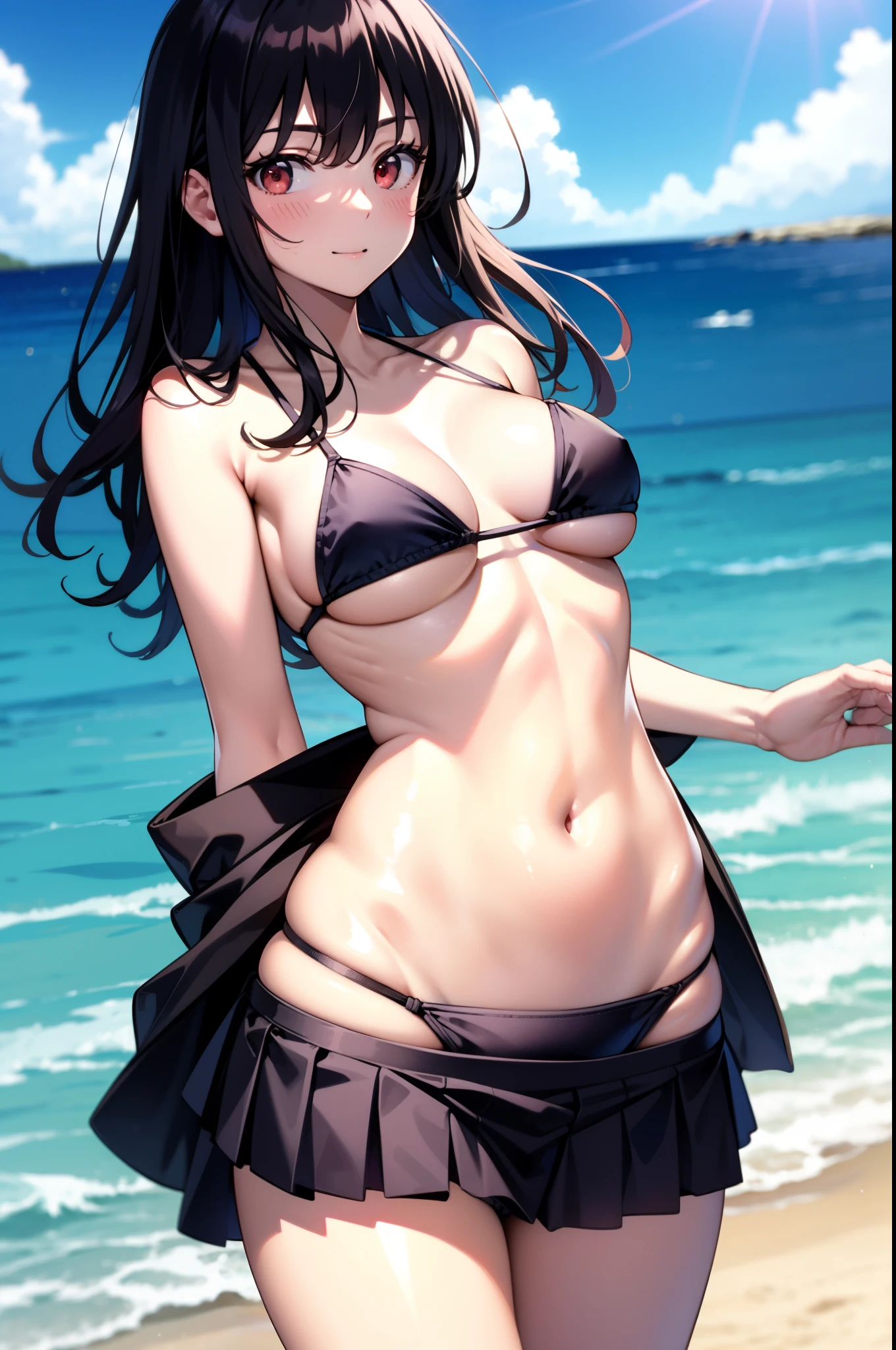 For profit, Next to Kasumigaoka, Black Hair, hair band, Long Hair, (Red eyes:1.5),
smile,blush,Open your mouth,Black string bikini swimsuit,Belly button,abdomen,A thin long skirt is wrapped around her waist,barefoot,Sandy Beachを散歩している,Daytime,True Summer,Clear skies,whole bodyがイラストに入るように,
break looking at viewer,whole body, (Cowboy Shot:1. 5),
break outdoors, Sandy Beach,Beach,
break (masterpiece:1.2), Highest quality, High resolution, unity 8k wallpaper, (figure:0.8), (Beautiful attention to detail:1.6), Highly detailed face, Perfect lighting, Highly detailed CG, (Perfect hands, Perfect Anatomy),