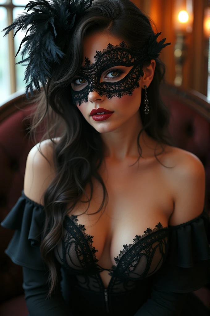 a close up of a beautitful young woman wearing a transparent lacy mask, dreamy gothic girl, elegant render, half body photo, large breasts, ample cleavage, mistress, photoshop render, ebony rococo, elegant girl, medium length brown hair, hair parted to one side, blue eyes, portrait Lika Red, female spy, haunting beautiful young woman, super-hero girl, extravagant dress, beauty girl