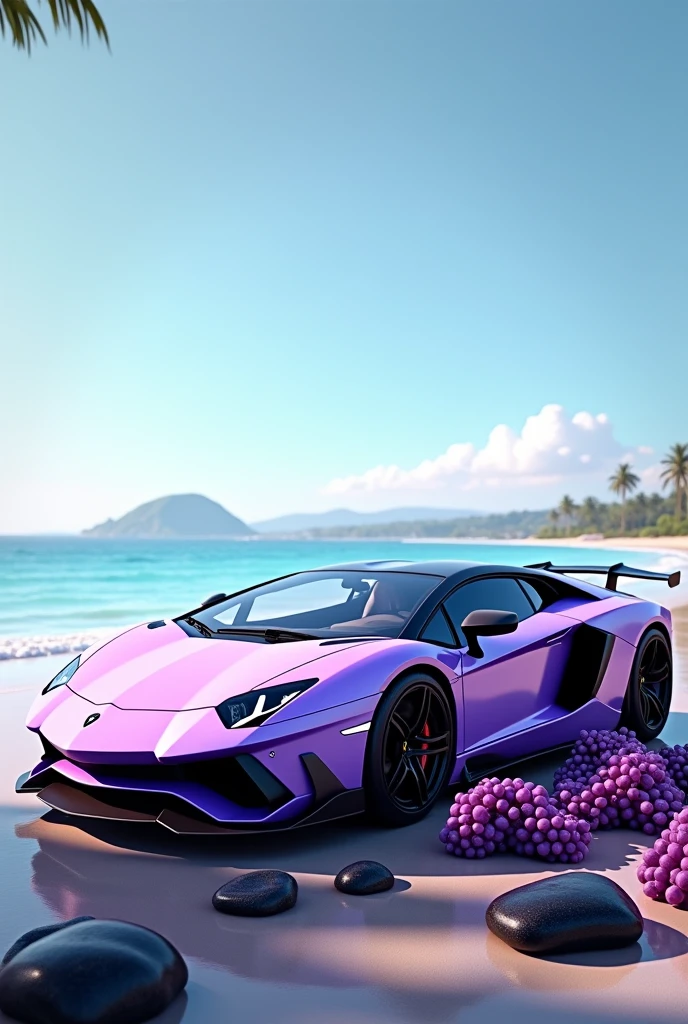 I want an image of a Lamborghini Aventador 12000 in light purple with small grapes around it, a beach background, and it sitting on shiny, beautiful black stones.