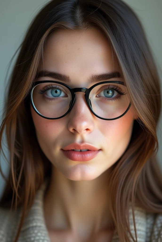 Immerse yourself in the striking realism of a photograph capturing the essence of a beautiful woman with captivating blue eyes. Wearing glasses, she exudes intelligence and sophistication. The image, taken in 2023, portrays a minimalistic backdrop, allowing the woman's features to take center stage. Photography, 35mm lens