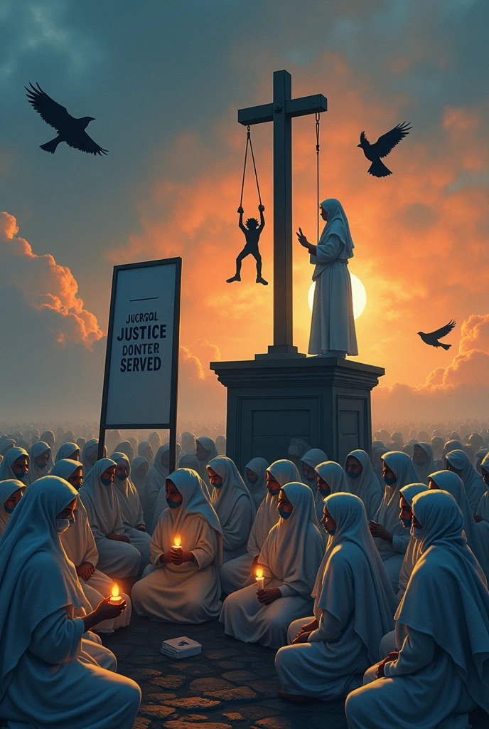 Thousands of women wearing a white doctor's coat , blue to white mask in their mouth, holding candle in their hand, a big justice board written justice served is kept near them.In a pedestal a mother wearing white saree is hanging a man. The women are sitting and watching from down. The sky is sunset to night. 4 crows are flying in the . The background is foggy. Portrait illustration, soft colour pencil art,cartoon, high contrast.