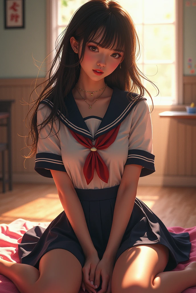 nsfw, 1 woman, (masterpiece,best quality,realistic,extremely detailed CG unity 8k wallpaper,game_cg,1girl), perfect anatomy, female_solo,beautiful detailed eyes,flowing hair,glossy hair,brilliant light,cinematic lighting,thick_coating,glass tint,watercolor,Ambient light,long_focus,Colorful blisters,dynamic movement,japanese girl seductively,perfect body,seductive lips,seductive eyes, pretty lips, ideal ratio body proportions, potbelly body, curvy body, in school,(looking at viewer:1.6), (Happy smile:1.6),(steam:1.1), BREAK (extreme short preated micro skirt:1.6), (cowboy shot:1.4), (spread leg:0.8), (black over-kneehighs:1.4), (black thigh-high socks:1.2), (zettai_ryouiki:1.4), (standing:1.6), BREAK (Her love juices are dripping from her vulva, and drops of love juice are stringing down:1.6), (her skirt lift with one hand:1.8), (pussy juice trail:1.6), (huge breasts:1.6), BREAK (bottomless:1.6), (no panties:1.6), (shoot from below:1.4), (pussy focus:1.6), (close up pussy:1.2), 1pussy, (spread pussy:1.6), (exposed vagina, very big labia:1.6), (pubic hair:1.6), (presenting her (open vagina hole:1.6), detailed vagina, , (open uterus:1.4), (urethra:1.2), (Medium Hair:1.4), (Straight Hair:1.4), (school girl school uniform:1.2),(underboob:1.6), (midriff peek:1.4), (serafuku:1.6), (white shirt:1.2), (white sleeves,:1.2), (short sleeves:1.2), (sleeves line:1.2), (blue sailor collar:1.6), (red color neckerchief:1.6), (unworn skirt, skirt rolled up:1.4), (puff sleeves:1.2),