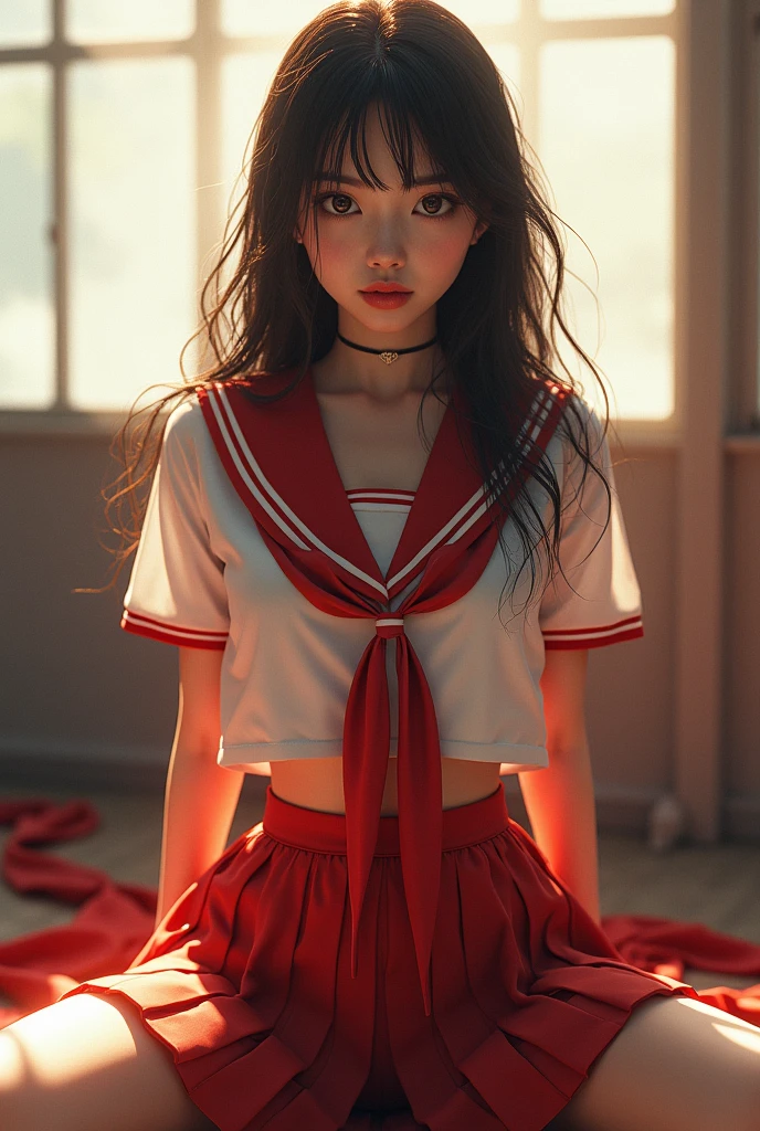 nsfw, 1 woman, (masterpiece,best quality,realistic,extremely detailed CG unity 8k wallpaper,game_cg,1girl), perfect anatomy, female_solo,beautiful detailed eyes,flowing hair,glossy hair,brilliant light,cinematic lighting,thick_coating,glass tint,watercolor,Ambient light,long_focus,Colorful blisters,dynamic movement,japanese girl seductively,perfect body,seductive lips,seductive eyes, pretty lips, ideal ratio body proportions, potbelly body, curvy body, in school,(looking at viewer:1.6), (Happy smile:1.6),(steam:1.1), BREAK (extreme short preated micro skirt:1.6), (cowboy shot:1.4), (spread leg:0.8), (black over-kneehighs:1.4), (black thigh-high socks:1.2), (zettai_ryouiki:1.4), (standing:1.6), BREAK (Her love juices are dripping from her vulva, and drops of love juice are stringing down:1.6), (her skirt lift with one hand:1.8), (pussy juice trail:1.6), (huge breasts:1.6), BREAK (bottomless:1.6), (no panties:1.6), (shoot from below:1.4), (pussy focus:1.6), (close up pussy:1.2), 1pussy, (spread pussy:1.6), (exposed vagina, very big labia:1.6), (pubic hair:1.6), (presenting her (open vagina hole:1.6), detailed vagina, , (open uterus:1.4), (urethra:1.2), (Medium Hair:1.4), (Straight Hair:1.4), (school girl school uniform:1.2),(underboob:1.6), (midriff peek:1.4), (serafuku:1.6), (white shirt:1.2), (white sleeves,:1.2), (short sleeves:1.2), (sleeves line:1.2), (blue sailor collar:1.6), (red color neckerchief:1.6), (unworn skirt, skirt rolled up:1.4), (puff sleeves:1.2),