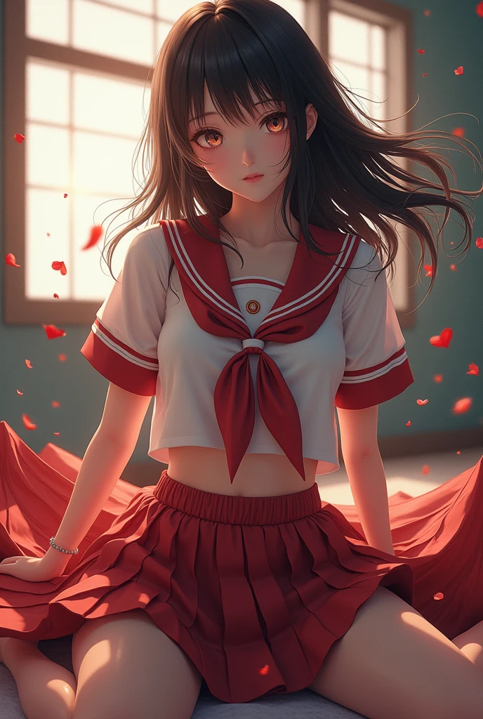 nsfw, 1 woman, (masterpiece,best quality,realistic,extremely detailed CG unity 8k wallpaper,game_cg,1girl), perfect anatomy, female_solo,beautiful detailed eyes,flowing hair,glossy hair,brilliant light,cinematic lighting,thick_coating,glass tint,watercolor,Ambient light,long_focus,Colorful blisters,dynamic movement,japanese girl seductively,perfect body,seductive lips,seductive eyes, pretty lips, ideal ratio body proportions, potbelly body, curvy body, in school,(looking at viewer:1.6), (Happy smile:1.6),(steam:1.1), BREAK (extreme short preated micro skirt:1.6), (cowboy shot:1.4), (spread leg:0.8), (black over-kneehighs:1.4), (black thigh-high socks:1.2), (zettai_ryouiki:1.4), (standing:1.6), BREAK (Her love juices are dripping from her vulva, and drops of love juice are stringing down:1.6), (her skirt lift with one hand:1.8), (pussy juice trail:1.6), (huge breasts:1.6), BREAK (bottomless:1.6), (no panties:1.6), (shoot from below:1.4), (pussy focus:1.6), (close up pussy:1.2), 1pussy, (spread pussy:1.6), (exposed vagina, very big labia:1.6), (pubic hair:1.6), (presenting her (open vagina hole:1.6), detailed vagina, , (open uterus:1.4), (urethra:1.2), (Medium Hair:1.4), (Straight Hair:1.4), (school girl school uniform:1.2),(underboob:1.6), (midriff peek:1.4), (serafuku:1.6), (white shirt:1.2), (white sleeves,:1.2), (short sleeves:1.2), (sleeves line:1.2), (blue sailor collar:1.6), (red color neckerchief:1.6), (unworn skirt, skirt rolled up:1.4), (puff sleeves:1.2),
