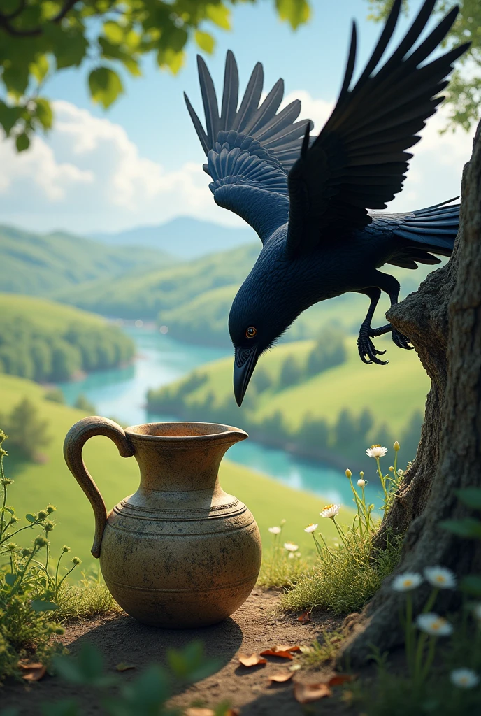 A crow saw a pitcher from above.