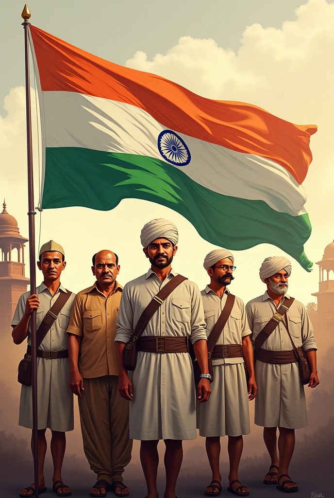 Create a pic in which there is indian flag with all freedom fighters in background and a quote
