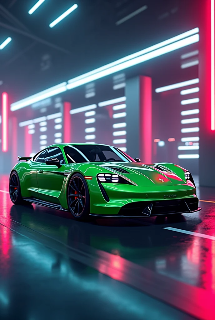 The image portrays a Porsche Taycan Turbo S sports car with a green and black color combination, suggesting a futuristic or high-tech theme. The vehicle is designed with aerodynamic features, such as a large rear wing and side air intakes, indicating its performance-oriented nature. The car's sleek body and low-profile tires contribute to its sporty aesthetic. The background has a digital effect, neon-lit, which complements the car's stylized appearance and reinforces the futuristic theme of the image. There are no people or indications of specific locations that would necessitate the identification of characteristics such as gender or race. , retina, precise, Masterpiece artwork, super detaill, best qualityer, awardwinning, highres, HD, 4K, 8k, 16K