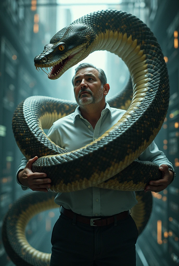 A man capture by a python snake and his background is programming language timeline