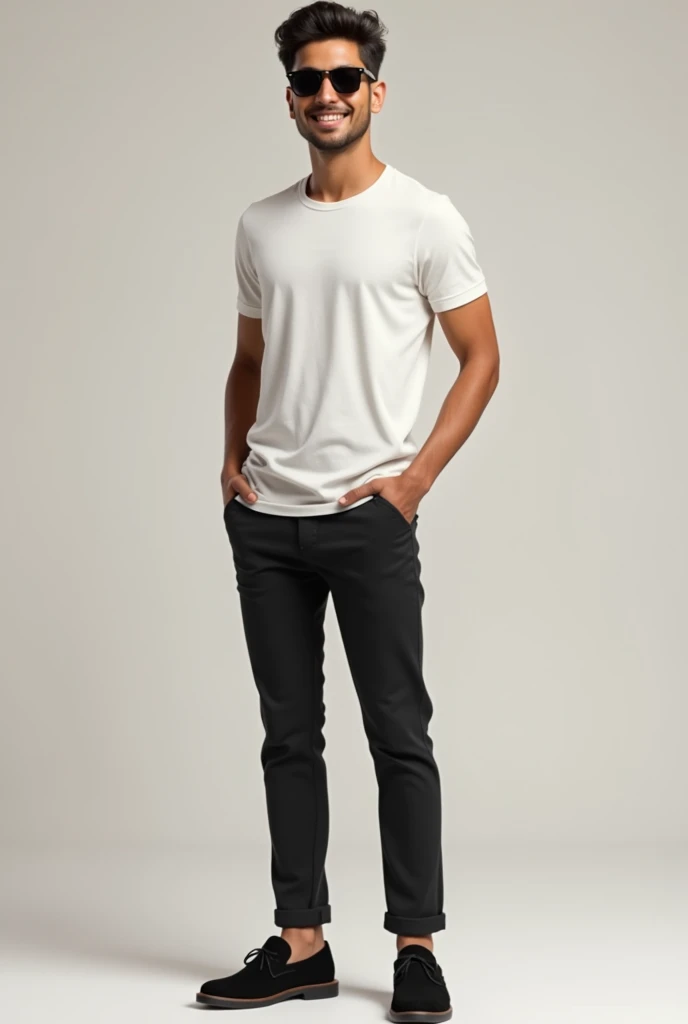 a cute boy name is kapil black pant black sunglasses white t shirt and black suse