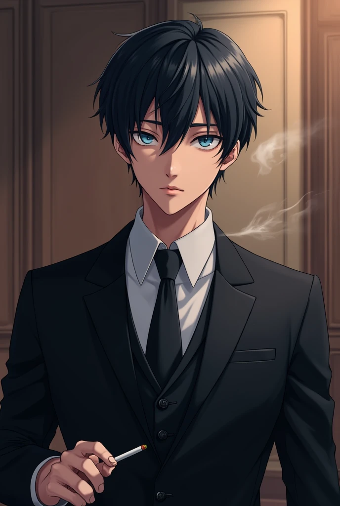 Anime style image of a man around 23 years old, black hair similar to the character Sung Jin woo from Solo Leveling, blue colored eyes, wearing a black lawyer suit and a more serious face and expression, smoking a cigarette and the scene behind him is a courtroom