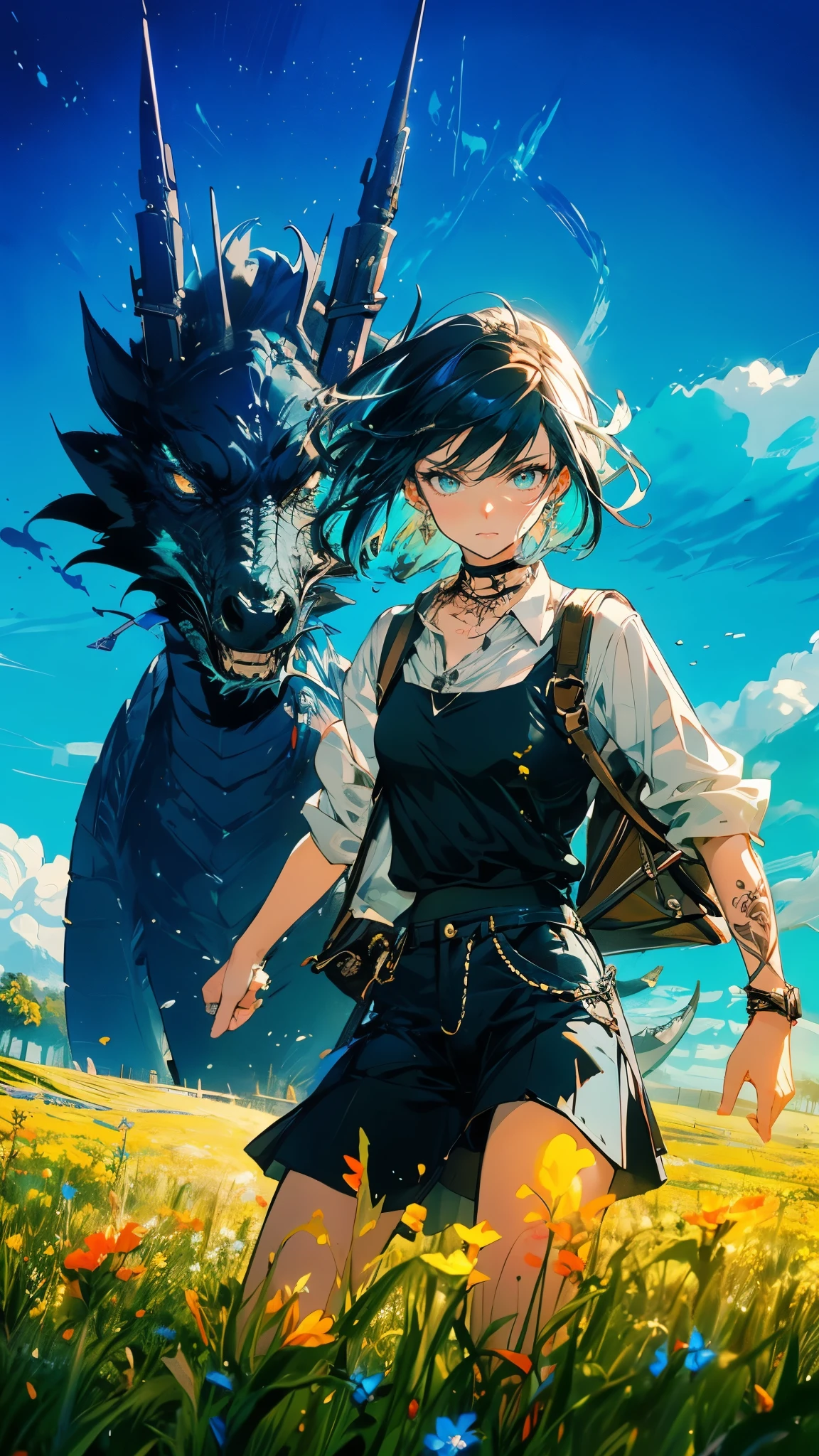 (high quality), (masterpiece), (detailed), 8K, (Teenage girl1.3) with a (fierce, determined expression1.4) assumes an (intense stance1.4) in a (wide, open meadow1.3). The (azure sky1.2) contrasts with the (dark, menacing presence of a Dragonoid1.4) as she prepares to wield her (Dragontooth weapon1.4) in a (dramatic showdown1.3). (Cinematic lighting1.3) amplifies the tension. (high quality), (masterpiece), (detailed), 8K, Anime style character with (cool and edgy tattoos1.3), dressed in (fashionable clothing1.2), posing confidently. Expression fierce, stylish accessory coiled around arm. Thicker outlines emphasize striking, modern fashion, vibrant palette enhances scene.