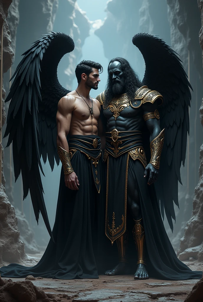 Thanatos, the Greek god of death, described as a beautiful man, with black and gentle angel wings, next to Hades, the god and king of the underworld, jefe de Thanatos