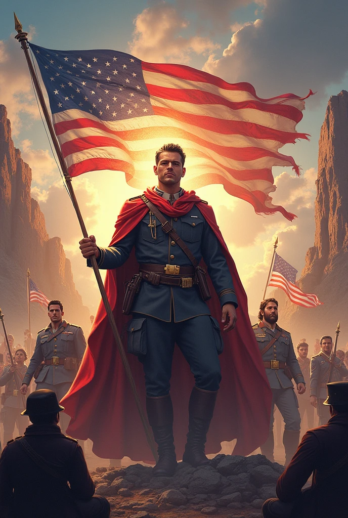 4k, Japanese hero, the back is covered with a cape, with US flag , stands with his back, 24 years old,