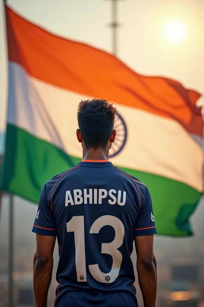 A man standing under Indian flag and his jersey name is ABHIPSU.