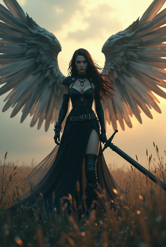 leader of archangel lucifer,war effect,REAL - style image of a woman with a dark sword in a field, cyberpunk art inspired by Leng Mei, cgsociety contest winner, fantasy art, beautiful Mistresses angel girl, angel knight girl, as a mystical valkyrie, battle angel, angel in  bondage garter strap, mechanized valkyrie girl, unreal engine 4k wallpaper, wraith from apex legends, epic divine angel  wings