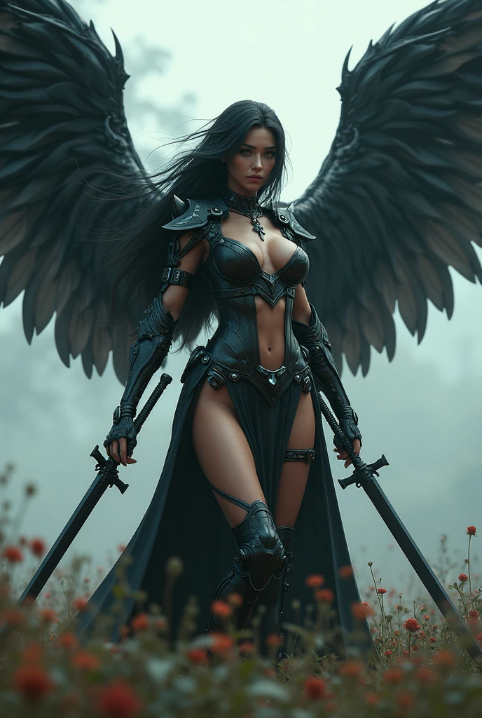 leader of archangel lucifer,war effect,REAL - style image of a woman with a dark sword in a field, cyberpunk art inspired by Leng Mei, cgsociety contest winner, fantasy art, beautiful Mistresses angel girl, angel knight girl, as a mystical valkyrie, battle angel, angel in sexy bondage garter strap, mechanized valkyrie girl, unreal engine 4k wallpaper, wraith from apex legends, epic divine angel wings