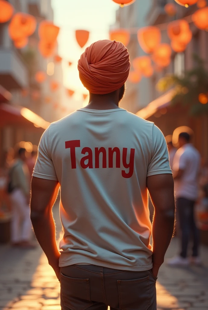 A person standing with turban on his headand Tanny written on his back of the tshirt and it is his birthday 