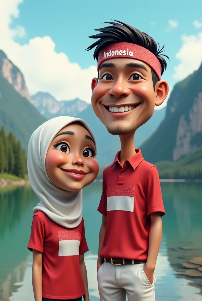 a 5D caricature of a short woman wearing a hijab and a tall Indonesian man wearing a headband with the inscription "Indonesia" 23 years old , smiling sweetly. Indonesia, Indonesian women and men wear red shirts with the inscription " Indonesia MV ", and white pants and black shoes is holding an August Indonesian flag. with a mountainous and lake backdrop.