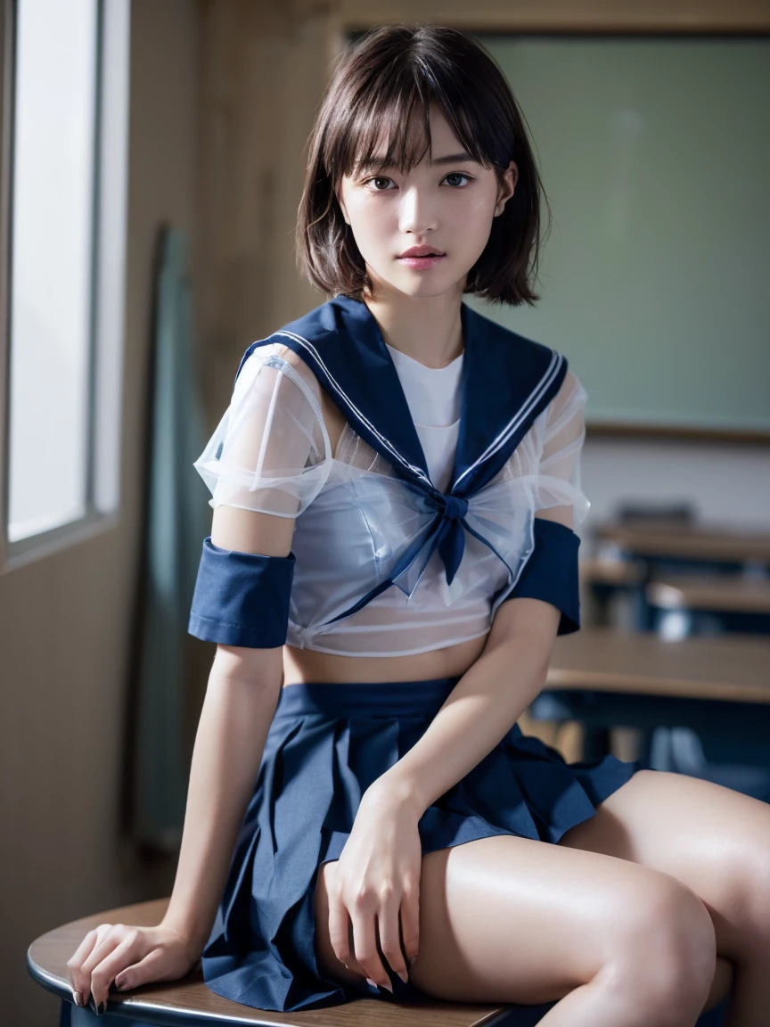 (masterpiece:1.2), Very detailed, Ultra-high resolution, (Realistic, photo Realistic:1.6), High-resolution RAW color photos, Professional photos, Sharp focus:1.2, (Very detailed顔と肌の質感, Very beautiful eyes, Glossのある肌, Glowing Skin, Glowing Skin, Shining Face, Gloss, Oily skin, greasy face, Oily skin, greasy face,),, (real Glossのある肌 texture), Perfect Anatomy, Very detailed背景,(High school classroom at night),1 female,(short hair, Straight hair, bangs, Brown Hair),((Flat Chest:1.6)),(Slender legs), ((((White, short-sleeved, sheer, translucent sailor uniform:1.4、Navy blue pleated skirt:1.5、Sexy string T-panty inside the skirt:1.5))),((sit at a desk with your knees up))、(((A sexy bra worn under a sailor uniform))),Invite to sex