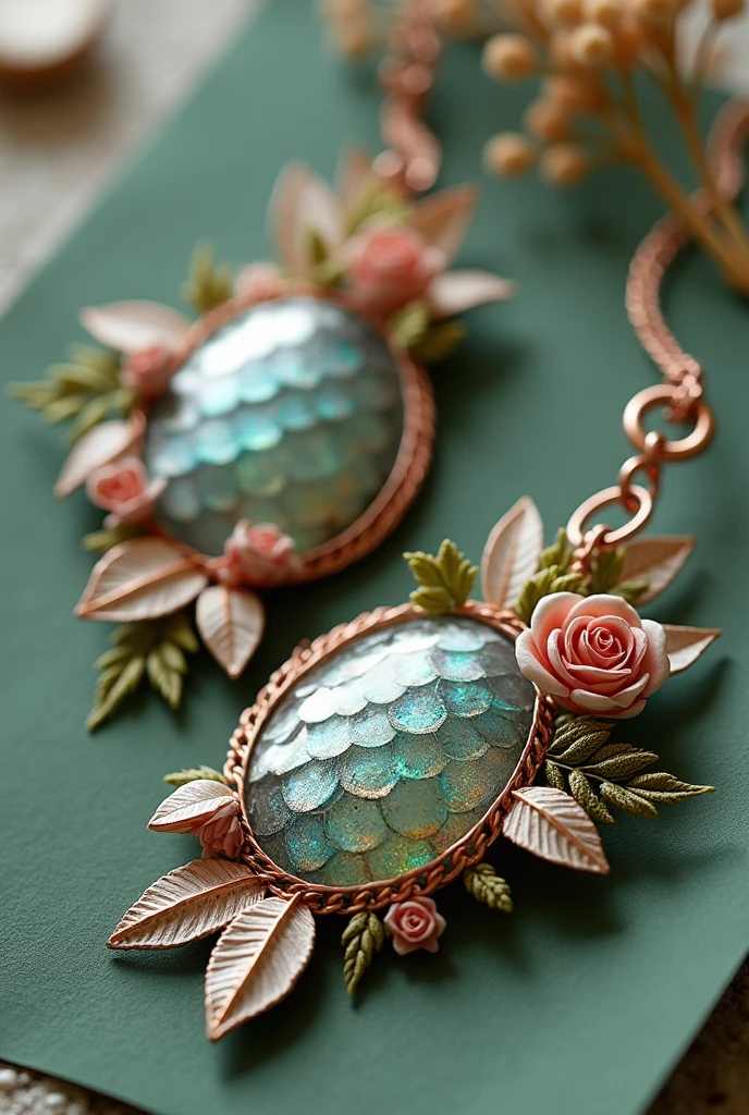 Jewelry with fish scales (flowers and combs) that are joined with copper thread and covered with green paper.
The background should convey tranquility and confidence.