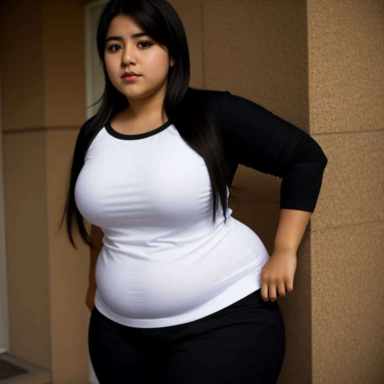 body photo, beautiful detailed, cute face, short, mexican teen, slightly chubby hips, short black hair, black hair over one eye, long sleeve plain T-shirt, long pants, fat wide hips, solo, 