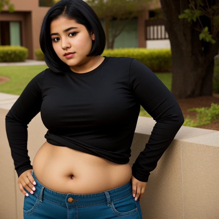 body photo, beautiful detailed, cute face, short, mexican teen, slightly chubby hips, short black hair, black hair over one eye, long sleeve plain T-shirt, long pants, fat wide hips, solo,