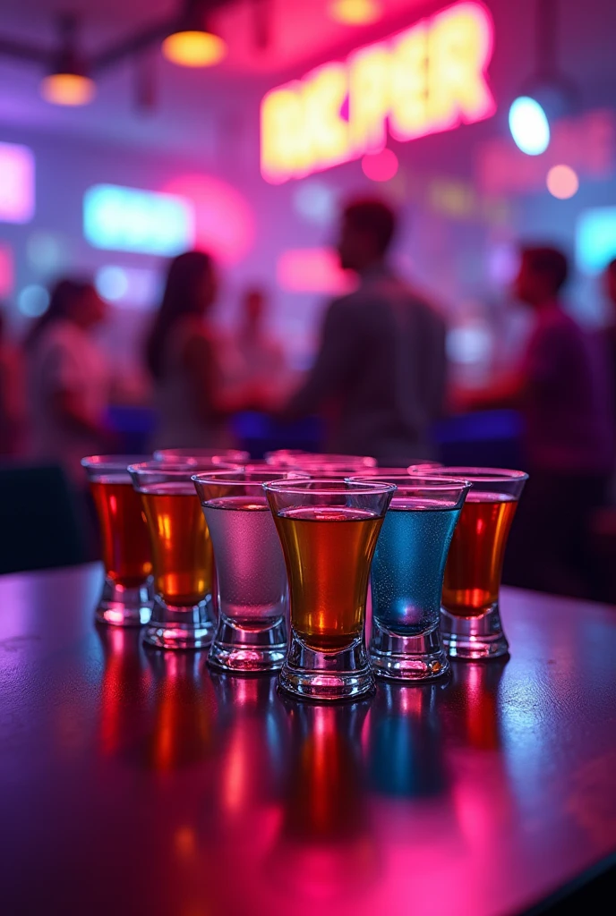 Alcohol shots in round glasses on a club table with colorful lights