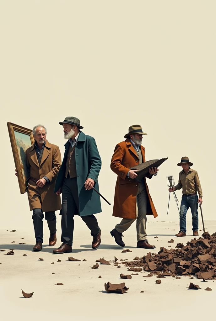 3 artists from different recognized artists from different periods of history walking in one direction, carrying their artworks in their arms and dropping pieces of scrap metal
a person behind picking up the scrap metal that the artists dropped with their own sculpture made of pieces of scrap metal next to them