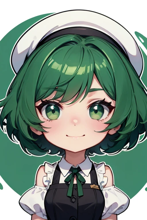 (Masterpiece: 1.1 points), (First Class: 1.1 points), (Perfect Face: 1.1 points), (Attention to Detail: 1.1 points), Unique, (Healthy Skin), Cartoon, Chibi, Full Body, Small Bak, White Skin, (White Beret), (Dark Green Shiny Short Hair), (Bright Green Tips: 1. 1 point), (large side black ribbon), green eyes, white upper body, green buttons on black string, upper body under black tank, (cartoon style smiling with mouth wide open), looking at camera, close-up of front face, upright, waitress pose, background,