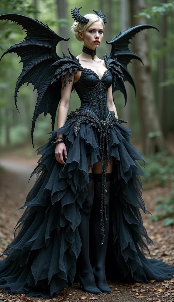 A stunning and intricately designed fantasy costume featuring a striking black corset adorned with delicate lace and shimmering details, giving it an elegant yet edgy look. The corset is paired with a multi-layered, flowing skirt that combines soft, sheer fabrics with structured, dragon-wing-like embellishments that extend dramatically from the hips and shoulders. The design is further enhanced with intricate vine and leaf motifs, accentuated by dark and muted colors that give it a gothic, enchanted forest vibe. The entire ensemble is completed with thigh-high stockings, adding a touch of sensuality to the overall fantasy aesthetic. This costume is a perfect blend of dark fantasy and high fashion, designed to captivate and enchant.
(((fantasy couture costume))), full-body shot, soft lighting, high contrast BREAK ((best quality:1.6)), ((high details:1.5)), ((highres:1.5)), ((4K:1.5)), ((intricate design:1.3)), ((gothic elements:1.3)) BREAK inspired by the styles of Alexander McQueen | Iris van Herpen | Greg Rutkowski | Artgerm.