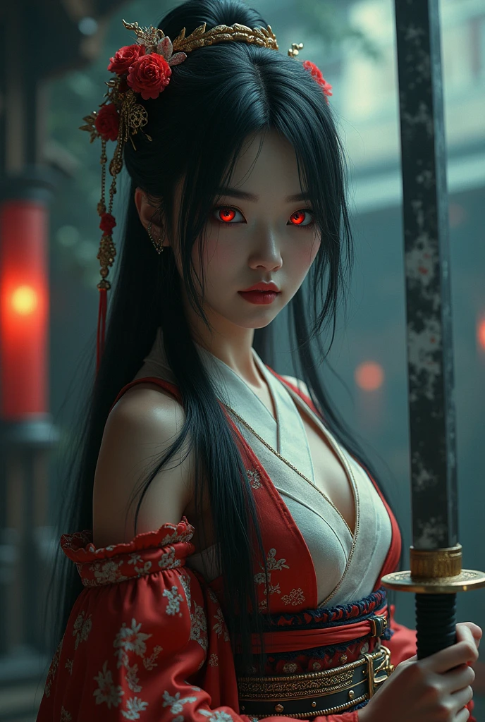 (photorealism:1.2)
An Asian geisha woman with extremely long black hair. She’s holding a high-end quality sword that seems to be fading out of reality. Her eyes are bright red.