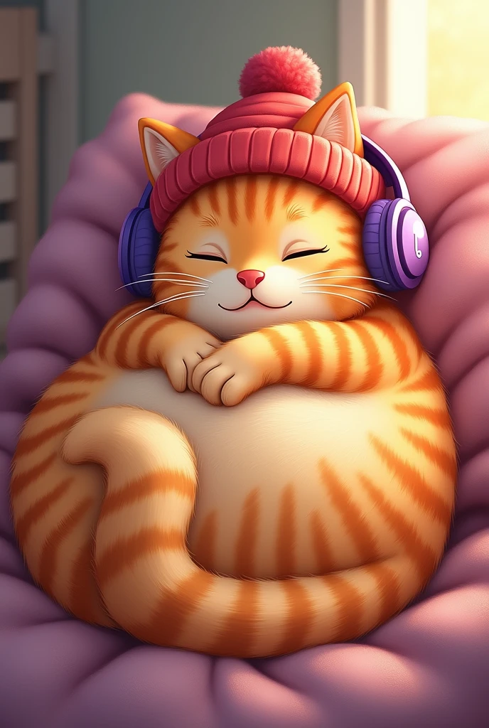 A full body orange cat sleeping curled up with a red winter hat and purple headphones