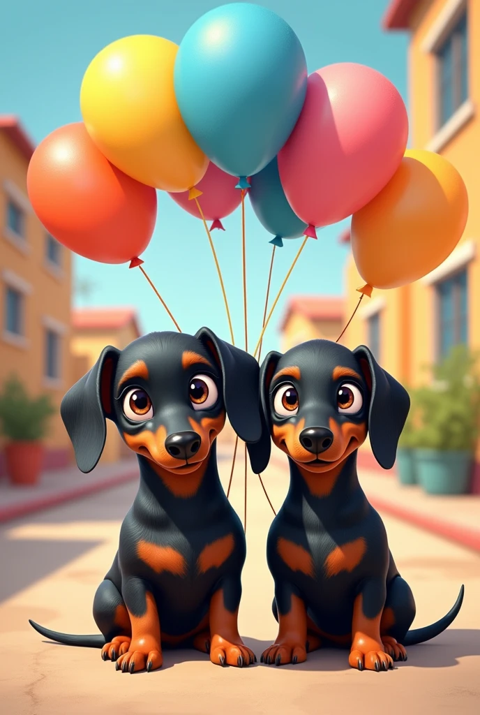 Pixsar style poster of two dachshunds, both black and brown, holding balloons and a lettering that says Happy Birthday Dannae