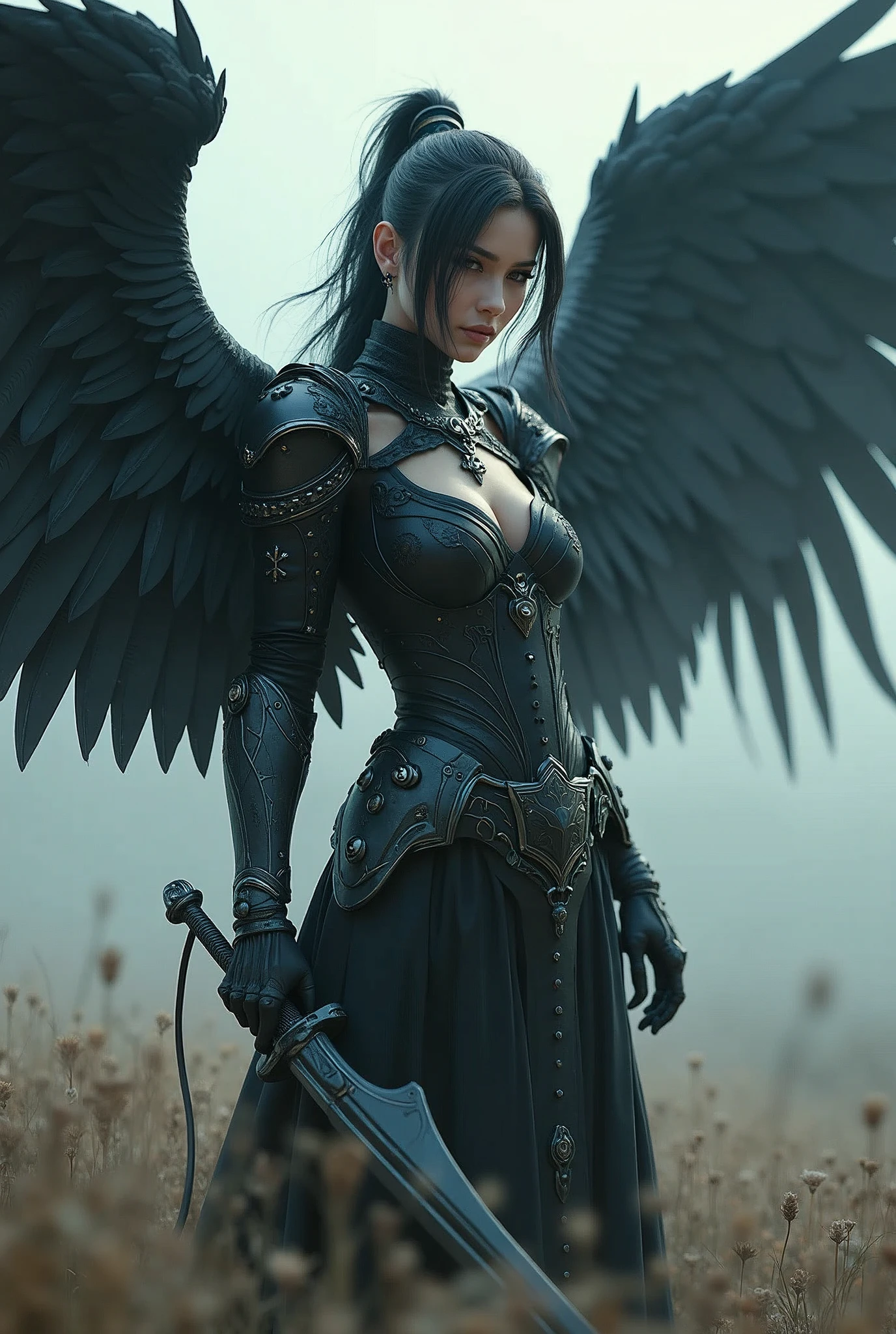 morning star archangel master lucifer,REAL - style image of a woman with a dark sword in a field, cyberpunk art inspired by Leng Mei, cgsociety contest winner, fantasy art, beautiful Mistresses angel girl, angel knight girl, as a mystical valkyrie, battle angel, angel in sexy bondage garter strap, mechanized valkyrie girl, unreal engine 4k wallpaper, wraith from apex legends, epic divine angel  wings