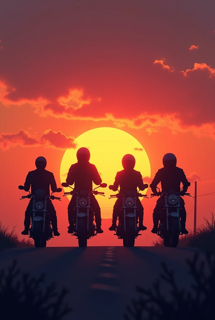 You are my professional image generator. Por favor, Create an image of the silhouette of four motorcyclists alongside their motorcycles. They are in a prayer position. They are in front of the sunset