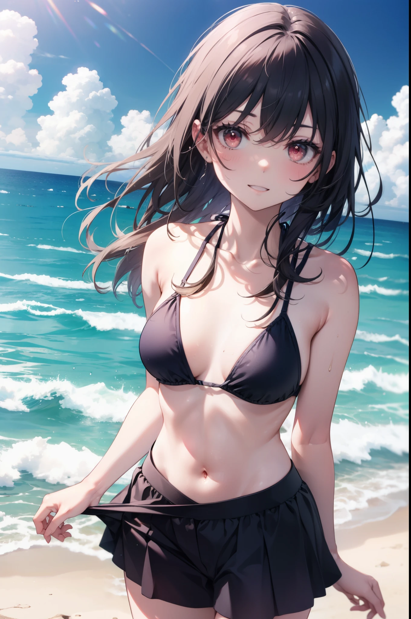 For profit, Next to Kasumigaoka, Black Hair, Hair band, Long Hair, (Red eyes:1.5),
smile,blush,Open your mouth,Black string bikini swimsuit,Belly button,abdomen,A thin long skirt is wrapped around her waist,barefoot,Sandy Beachを散歩している,Daytime,True Summer,Clear skies,whole bodyがイラストに入るように,
break looking at viewer,whole body, (Cowboy Shot:1. 5),
break outdoors, Sandy Beach,Beach,
break (masterpiece:1.2), Highest quality, High resolution, unity 8k wallpaper, (figure:0.8), (Beautiful attention to detail:1.6), Highly detailed face, Perfect lighting, Highly detailed CG, (Perfect hands, Perfect Anatomy),