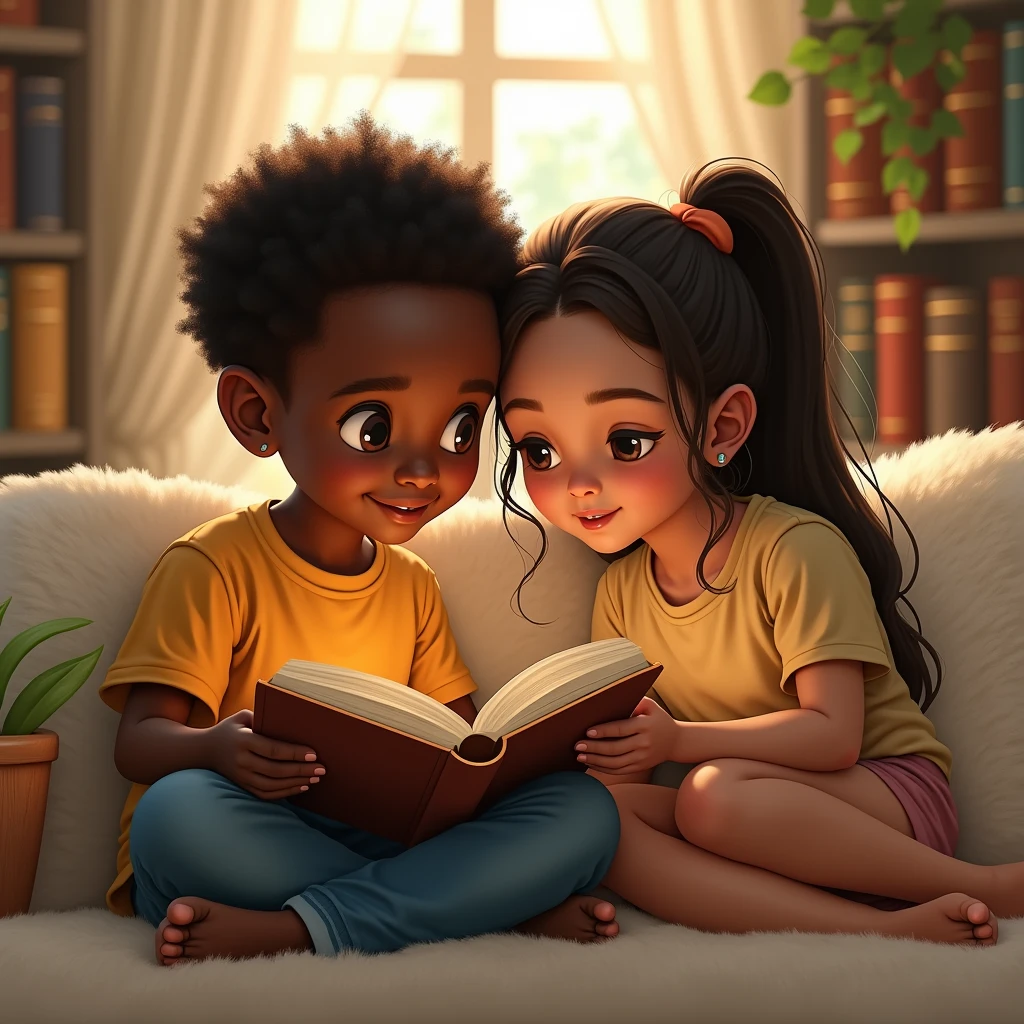 Black boy and white girl reading

