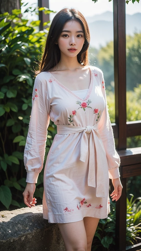 (best quality,4K,8ก,height,Masterpiece:1.2),Very detailed,(realistic,photorealistic,photo-realistic:1.37),High resolution portraits, beautiful asian girl, Standing in front of Tianzishan Peak, Zhangjiajie,((Fiona Pink Misty Floral Embroidered Cotton Dress Length above knee)),Green Mountain,Sunlight filtering through the trees,calm expression,flowing dark hair,The atmosphere is quiet.,Ethereal beauty,blend with nature,harmonious elements,Sensitive features,lush greenery,Golden Sunlight,elegant posture,Relaxed atmosphere,Quiet and elegant,The girl&#39;s eyes reflected the beauty of the mountains.,Magical and dreamlike,tranquility and harmony,Quiet and impersonal,Gentle and elegant,beauty of nature,mesmerizing scenery,Looks like a painting,Enticing beauty,Incredible natural wonders,peace and tranquility,Formidable and awe-inspiring, stylish corner, Pose in style, small round chest, Youthful body, perfect shape,