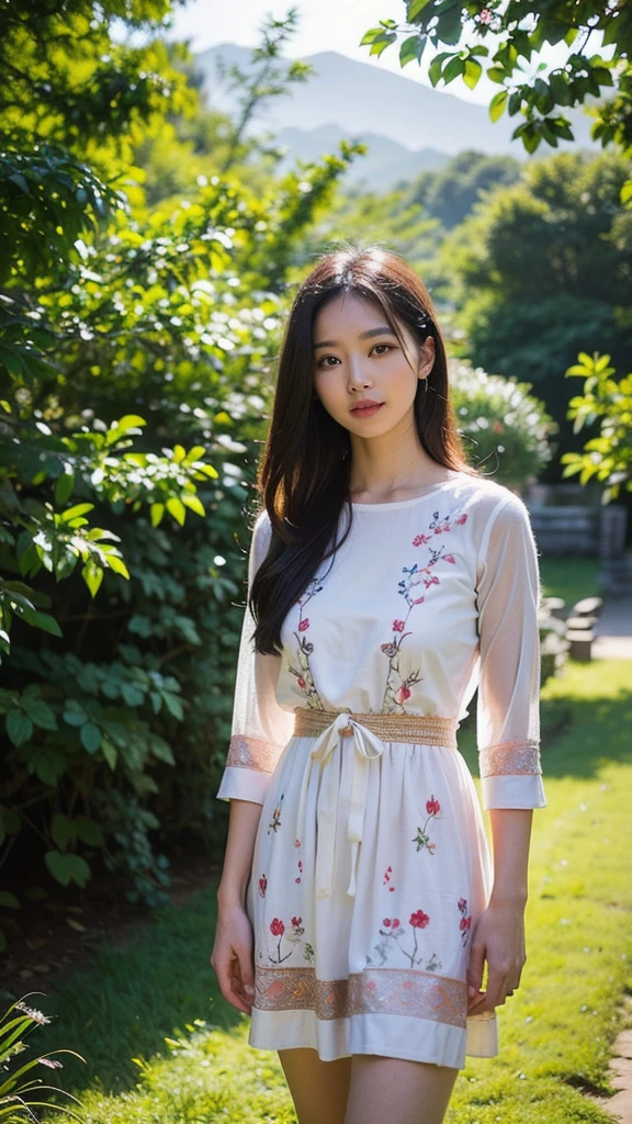 (best quality,4K,8ก,height,Masterpiece:1.2),Very detailed,(realistic,photorealistic,photo-realistic:1.37),High resolution portraits, beautiful asian girl, Standing in front of Tianzishan Peak, Zhangjiajie,((Fiona Pink Misty Floral Embroidered Cotton Dress Length above knee)),Green Mountain,Sunlight filtering through the trees,calm expression,flowing dark hair,The atmosphere is quiet.,Ethereal beauty,blend with nature,harmonious elements,Sensitive features,lush greenery,Golden Sunlight,elegant posture,Relaxed atmosphere,Quiet and elegant,The girl&#39;s eyes reflected the beauty of the mountains.,Magical and dreamlike,tranquility and harmony,Quiet and impersonal,Gentle and elegant,beauty of nature,mesmerizing scenery,Looks like a painting,Enticing beauty,Incredible natural wonders,peace and tranquility,Formidable and awe-inspiring, stylish corner, Pose in style, small round chest, Youthful body, perfect shape,