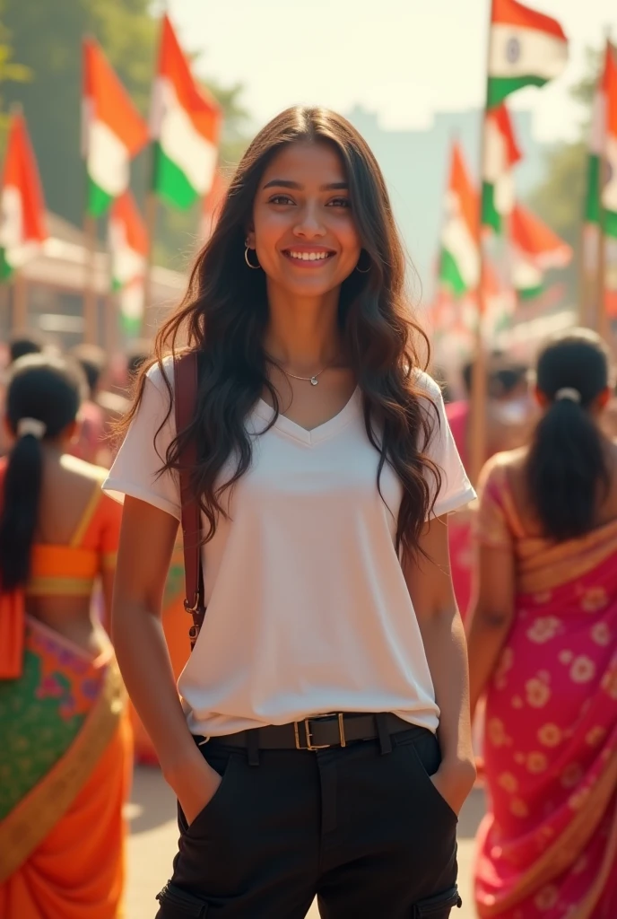 19 years old indian slim girl, monika name at background,.....weared white tshirt and black cargo pant and Scene of independence day of Indian culture