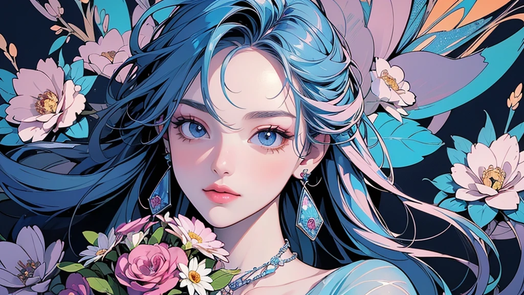 32K, 最高quality, 最高masterpiece, (ultra-Detailed Background, Detailed Background), High resolution, Super detailed, Very detailedな, 1 personの, (bouquet:1.3), (Tangled:1.2), (Geometric:1.2),(colorful),(masterpiece, quality, best quality, Official Art, Beautiful and beautiful:1.2), (1 person:1.3), Very detailed,(colorful:1.1)(Flowers:1.3),Most detailed,(Tangled:1.2), whole body, (Abstract background:1.3), (Skin glows), (Many colors:1.4), ,(Earrings Jewelry:1.5), Light Blue Background,