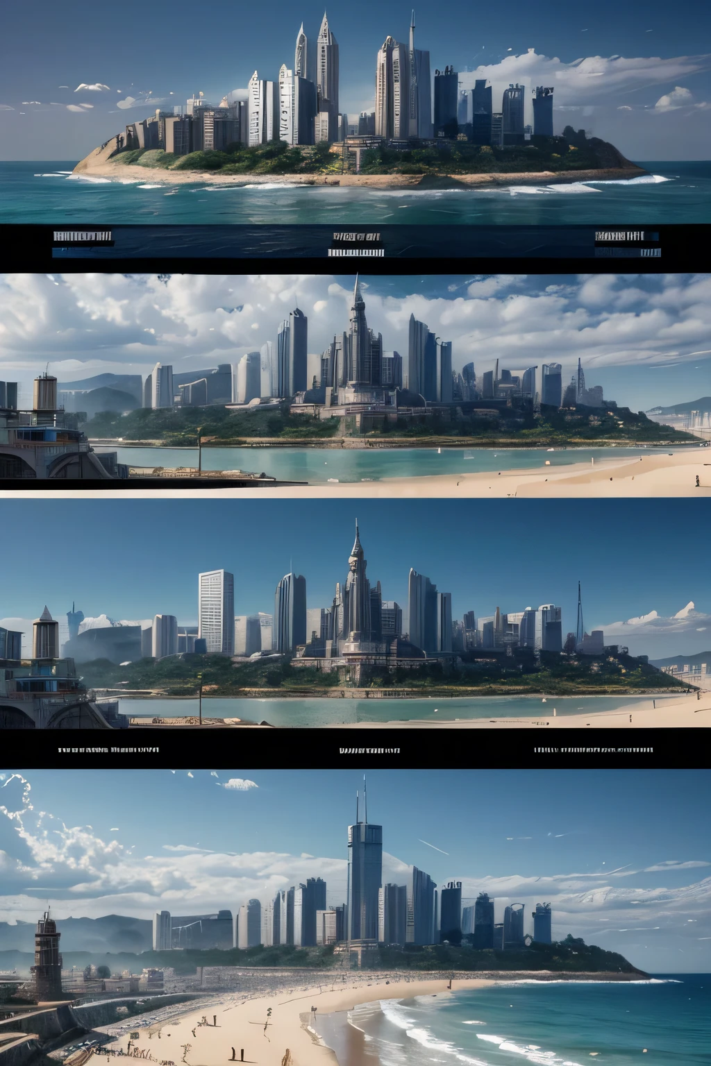 5 cyberpunk style cities, each with 3 levels of height as if they were medieval fortresses, on a large beach connecting them but below