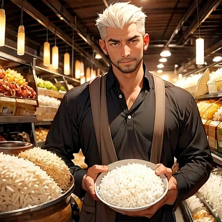 Handsome man holding rice ball